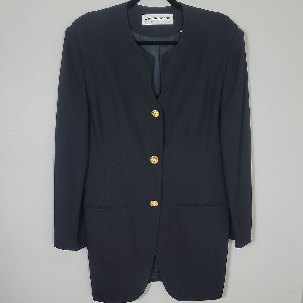 Liz Claiborne Womens Blazer Jacket Size 12 Black Gold Buttons Shoulder Pads